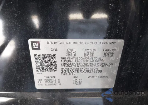 2018 Chevrolet Equinox Lt z USA, uszkodzony, nr VIN 2GNAXTEXXJ6279366